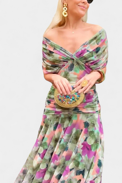 Alondra™ | Robe Longue Élégance Florale (Vert et Violet)